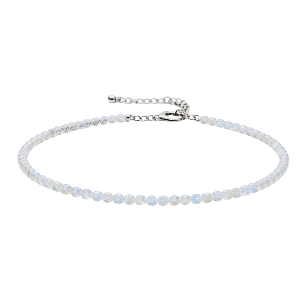 Rainbow Moonstone Crystal Anklet - 2mm Faceted Bead (Silver)