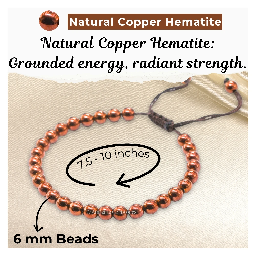 Copper Hematite Healing Crystal Bracelets - 6mm Beads (Adjustable)