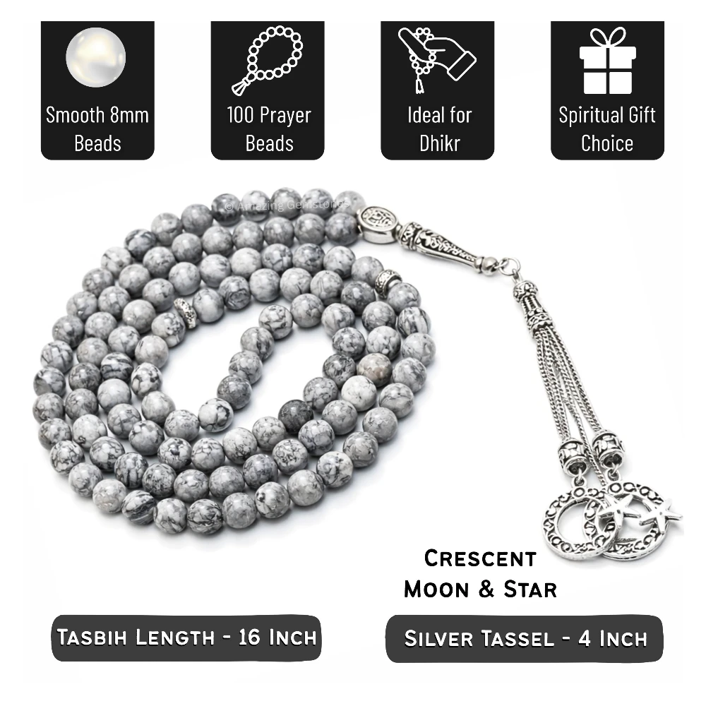 Black Picasso Crystal Tasbeeh Sibha Prayer Beads (Silver)
