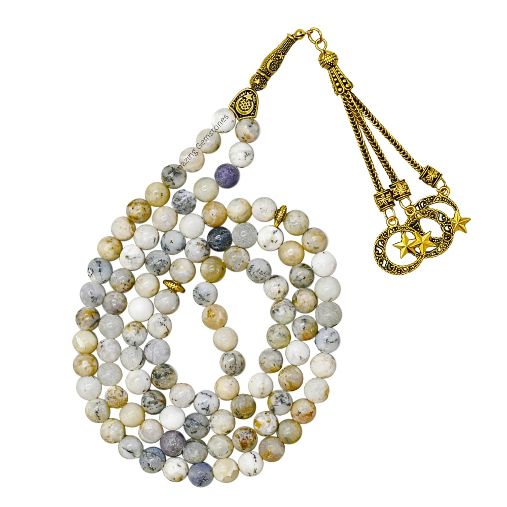 Dendrite Opal Crystal Tasbeeh Sibha Prayer Beads (Gold)