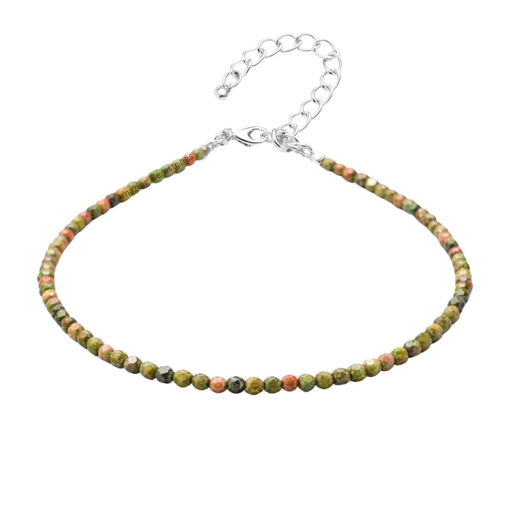 Unakite Crystal Anklet - 2mm Faceted Bead (Silver)