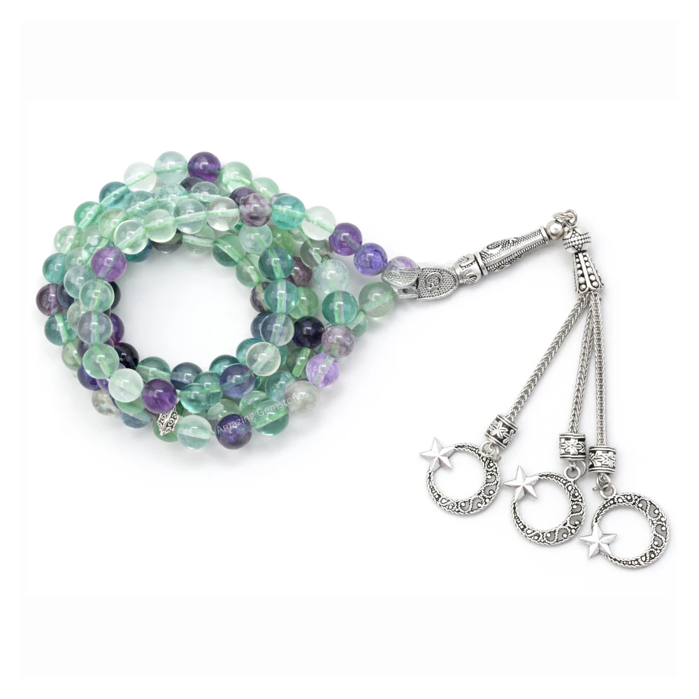 Multi Fluorite Crystal Tasbeeh Sibha Prayer Beads (Silver)
