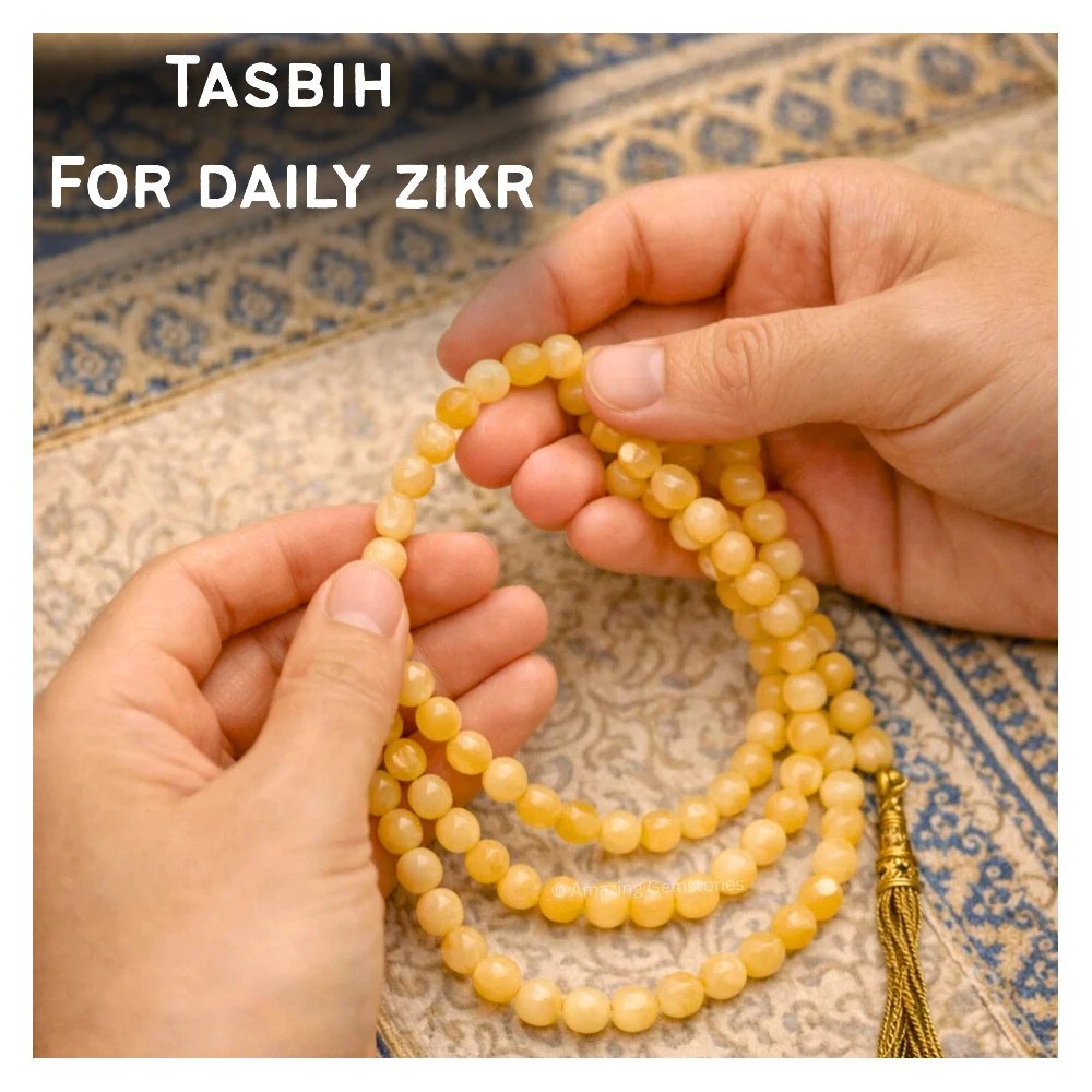 Yellow Calcite Crystal Tasbeeh Sibha Prayer Beads (Gold)
