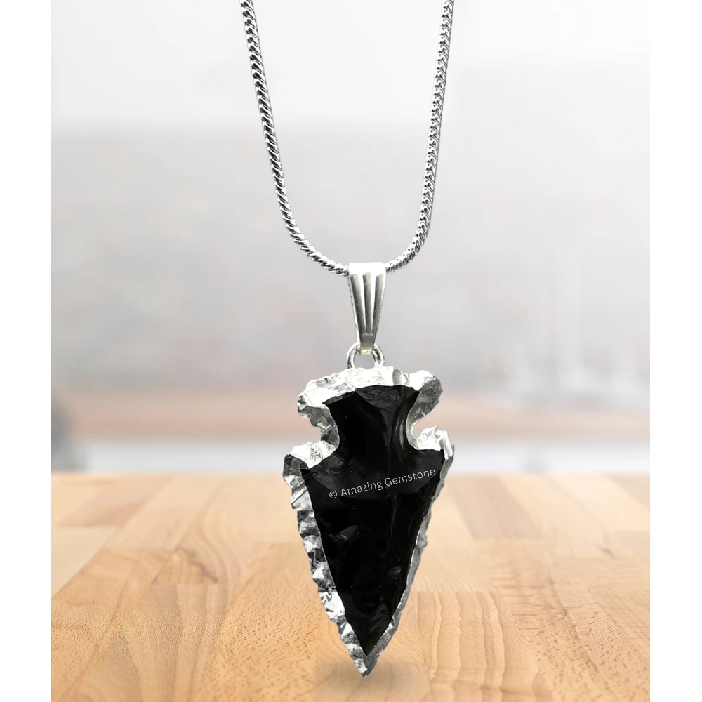 Black Obsidian Arrowhead Pendant - Silver Plated