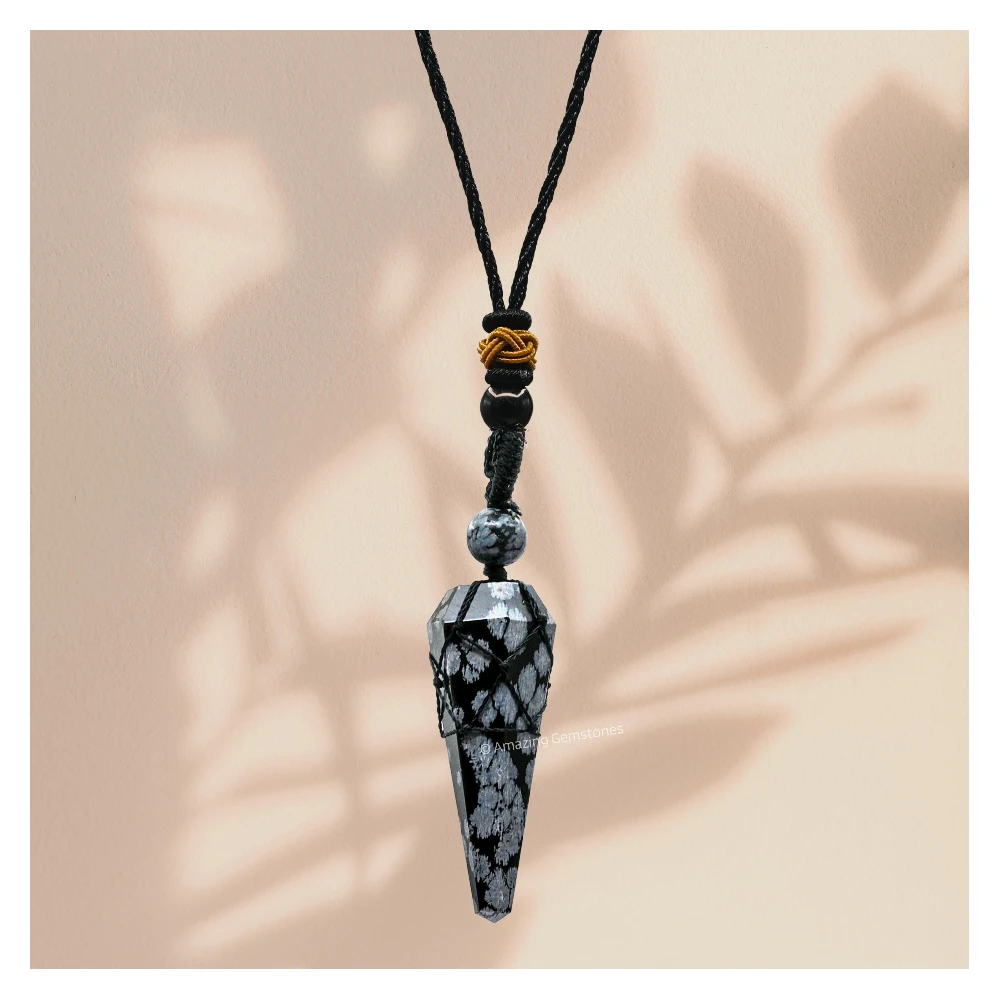 Snowflake Obsidian Pendulum Pendant Necklace (Macrame)