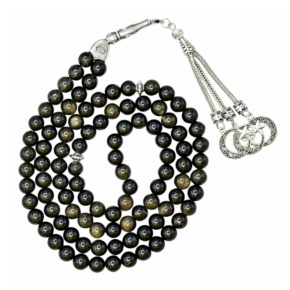 Gold Sheen Obsidian Crystal Tasbeeh Sibha Prayer Beads (Silver)