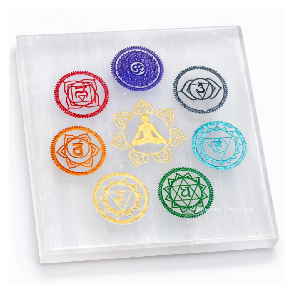 Selenite Charging Plate - 7 Chakra (Square) (3 Inch)