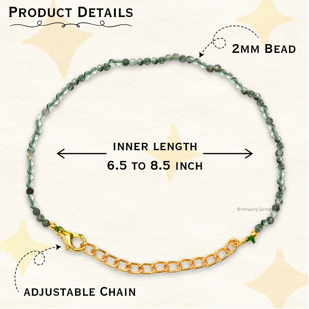 Green Rutilated Quartz Crystal Bracelet - 2mm Faceted Bead (Gold)