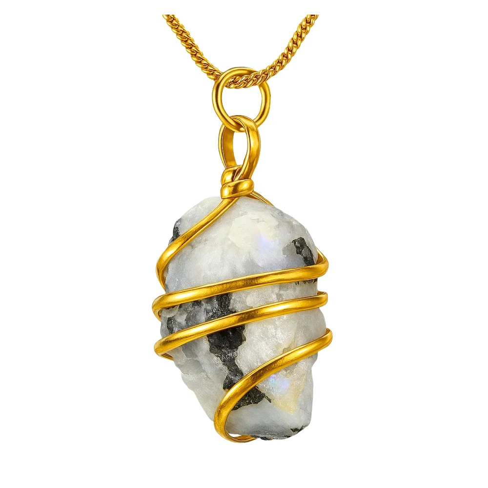 Rainbow Moonstone Necklace - Raw Crystal (Gold)