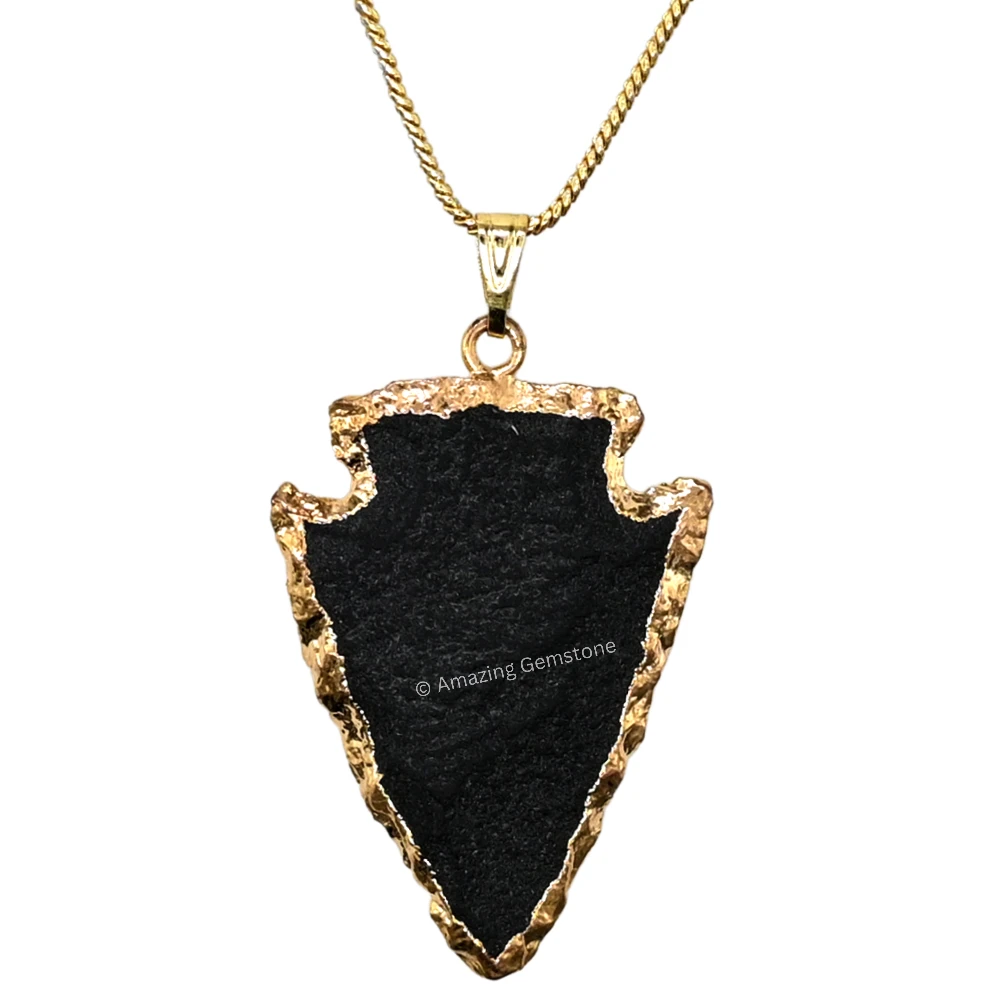 Black Agate Arrowhead Pendant - Gold Plated
