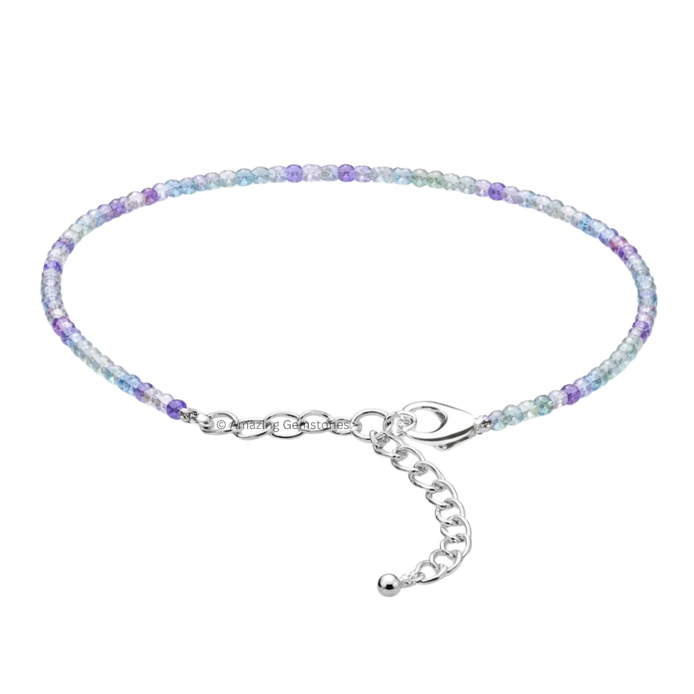 Blue Fluorite Crystal Anklet - 2mm Faceted Bead (Silver)