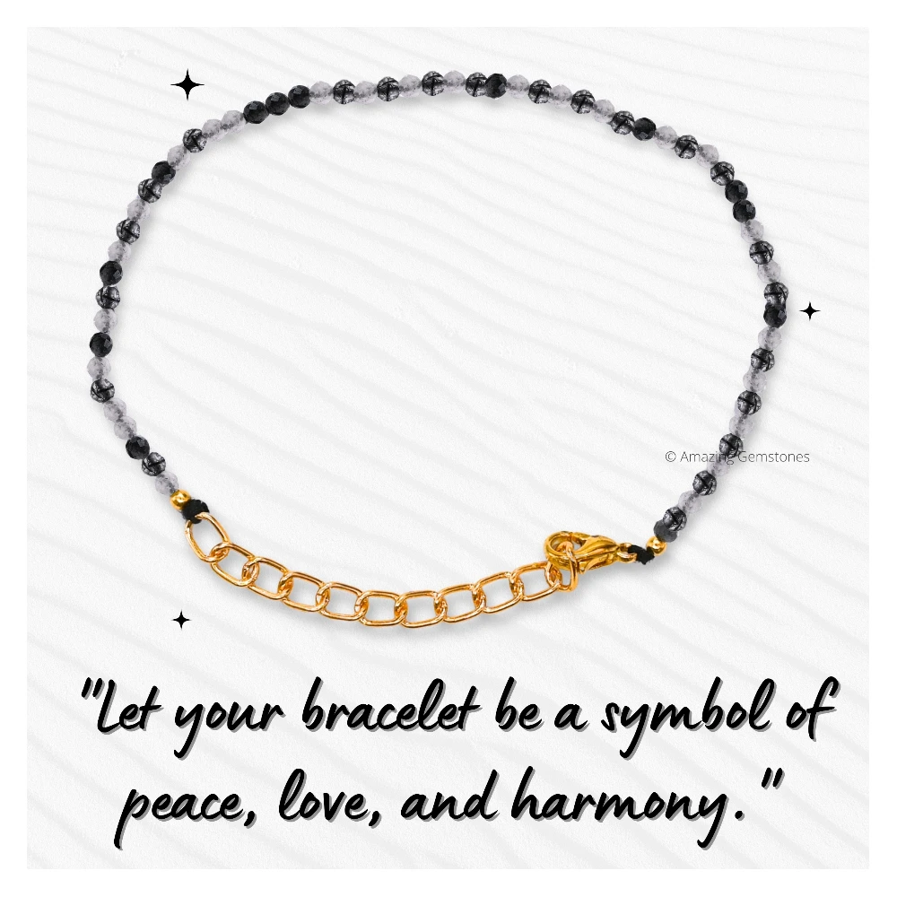 Black Rutilated Quartz Crystal Bracelet - 2mm Faceted Bead (Gold)