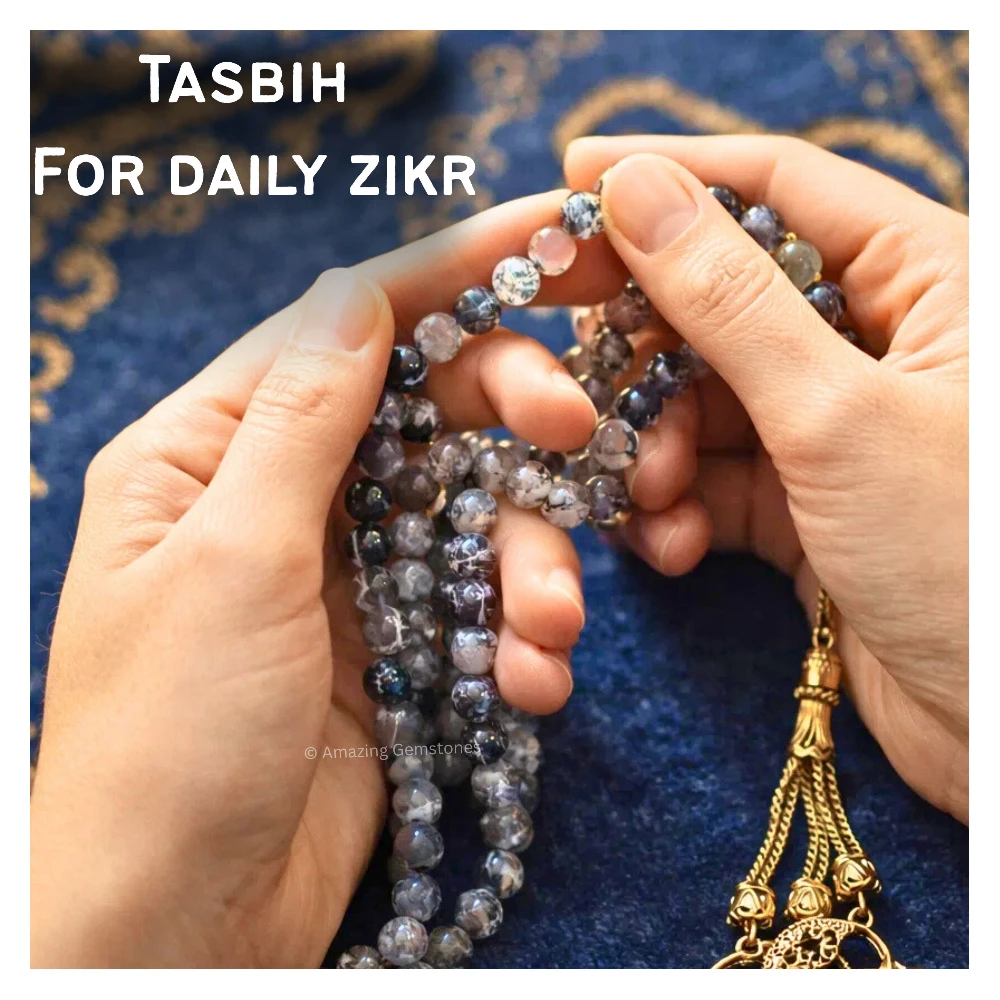 Dragon Vein Agate Crystal Tasbeeh Sibha Prayer Beads (Gold)