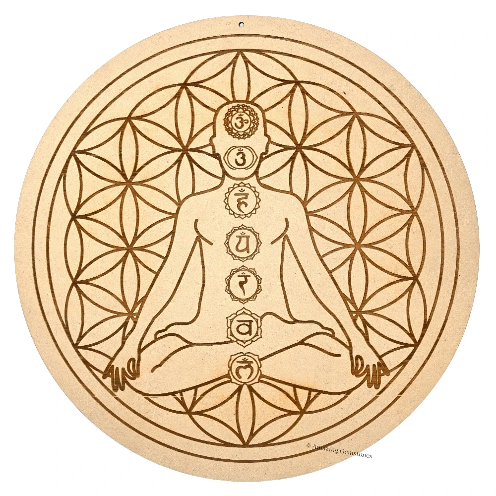 Wooden Crystal Grid Sacred Geometry - Flower of Life Buddha (12 Inch)