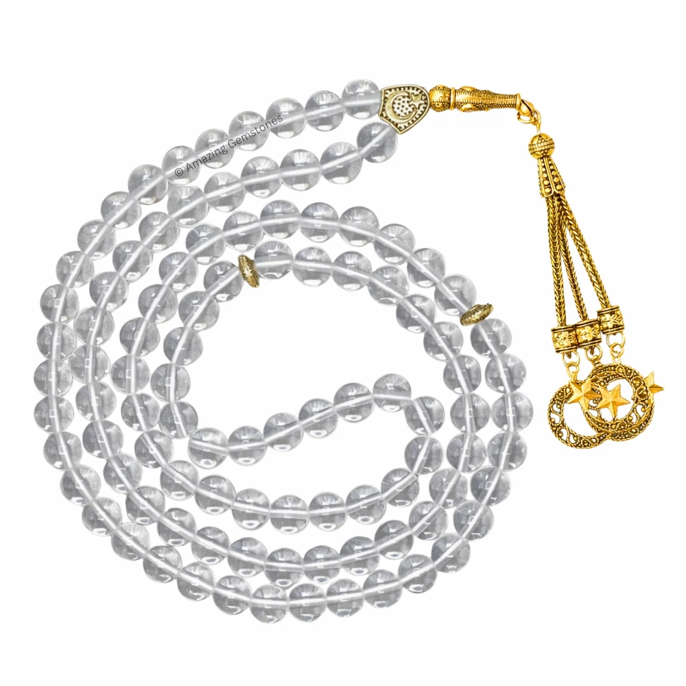 Clear Quartz Crystal Tasbeeh Sibha Prayer Beads (Gold)