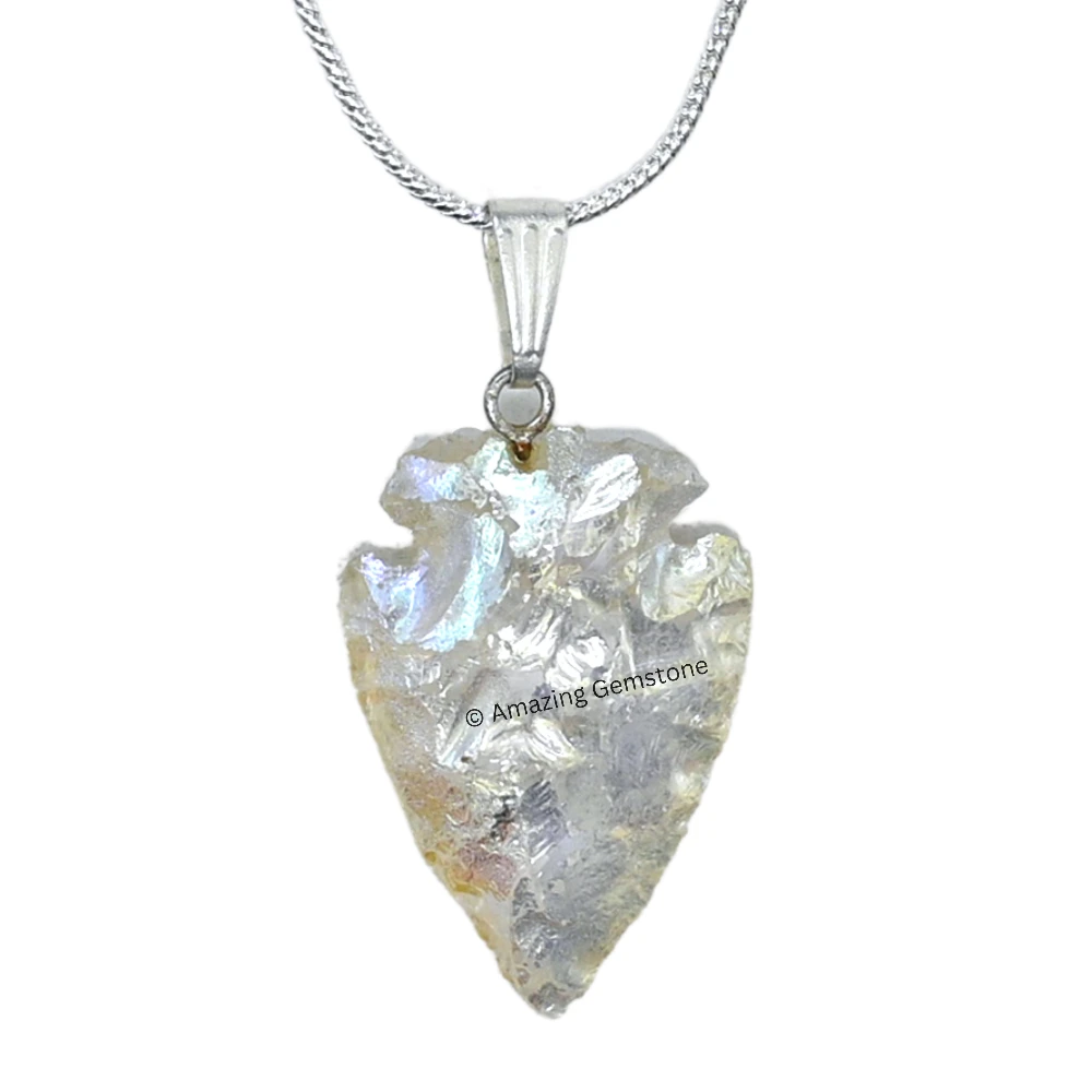 Angel Aura Quartz Arrowhead Pendant - Silver Plated