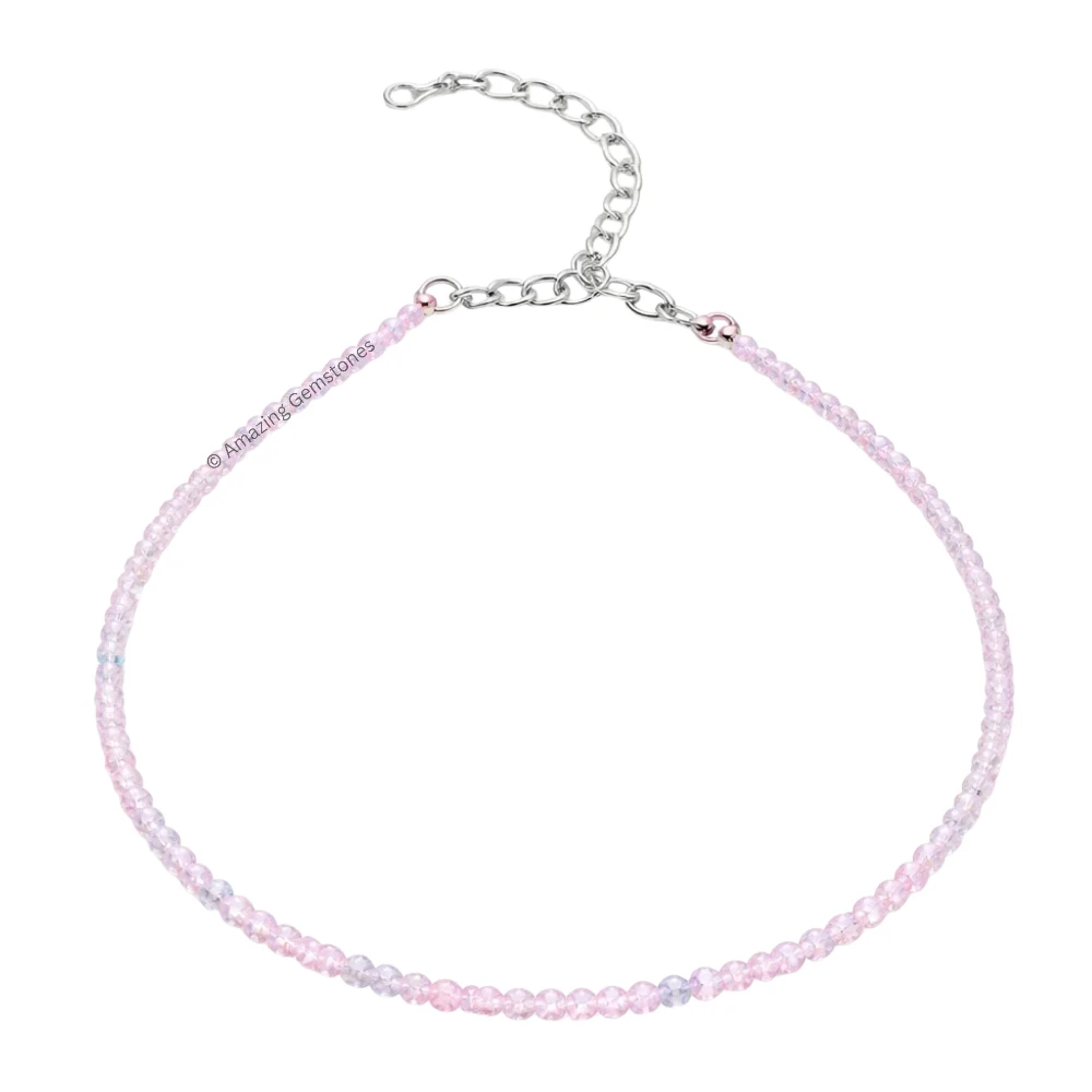 Pink Aqua Crystal Anklet - 2mm Faceted Bead (Silver)