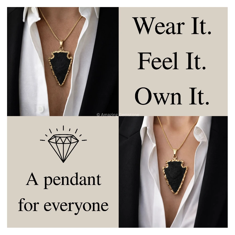 Black Agate Arrowhead Pendant - Gold Plated