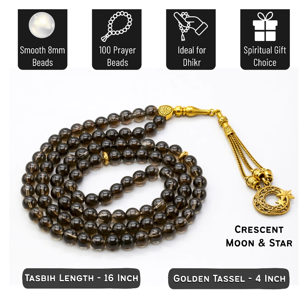 Smoky Quartz Crystal Tasbeeh Sibha Prayer Beads (Gold)