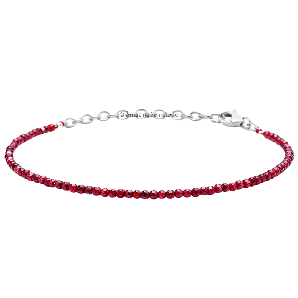 Red Garnet Crystal Bracelet - 2mm Faceted Bead (Silver)