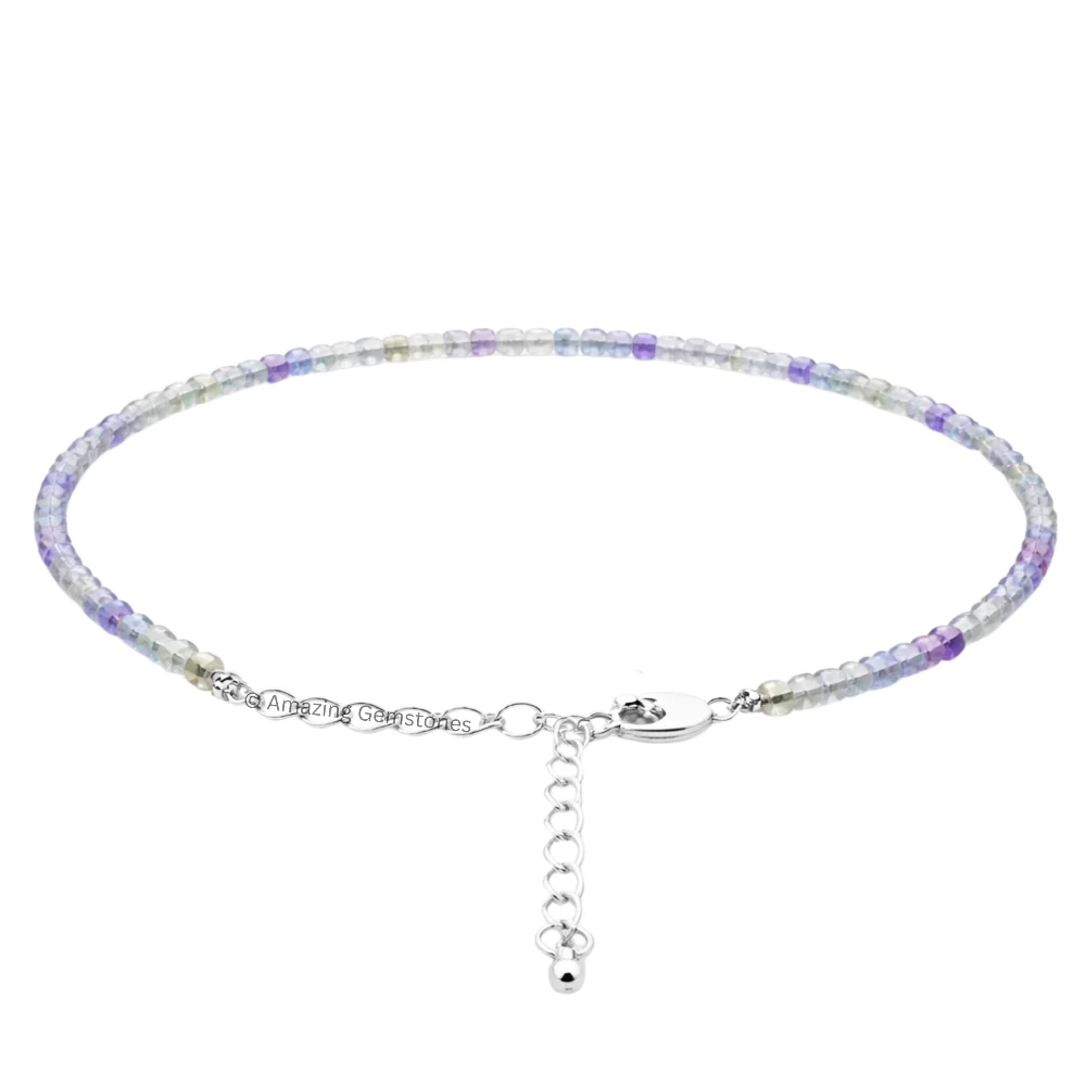 Green Fluorite Crystal Anklet - 2mm Faceted Bead (Silver)