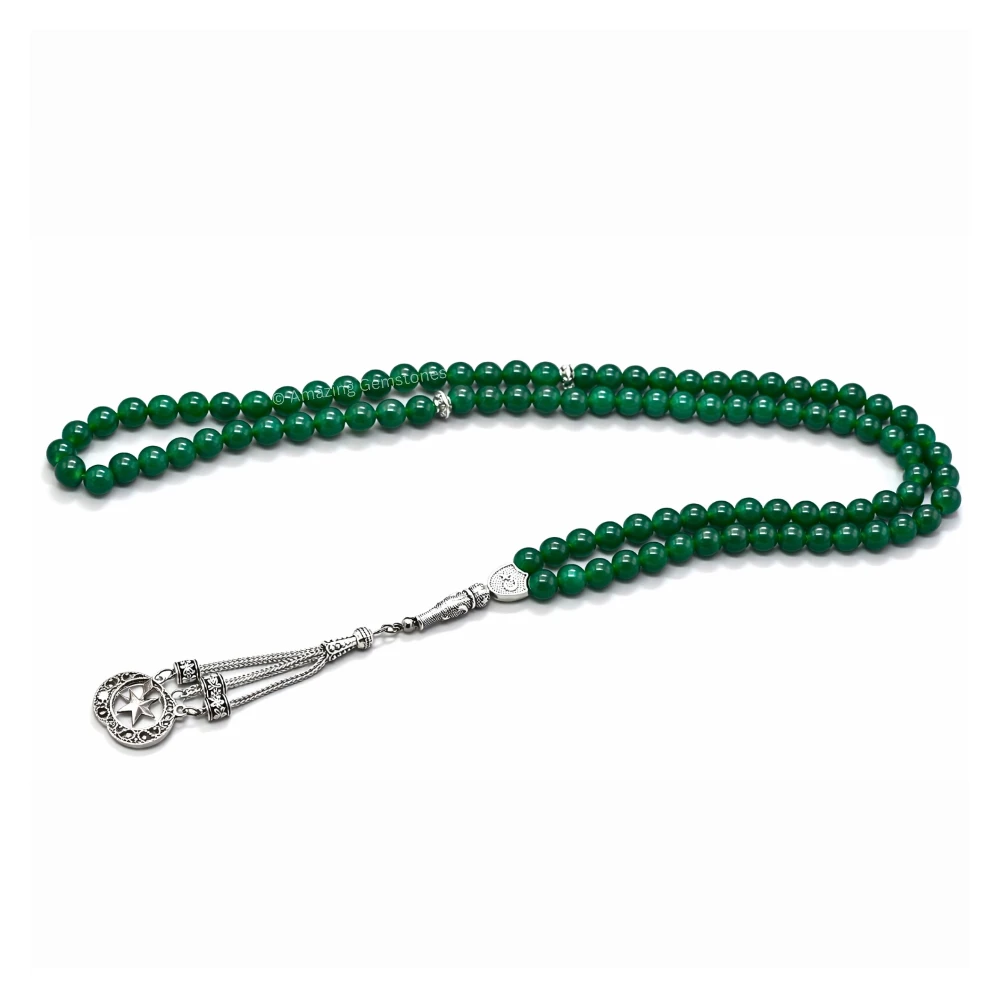 Green Jade (Dye) Crystal Tasbeeh Sibha Prayer Beads (Silver)