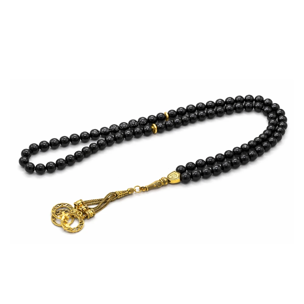 Black Tourmaline Crystal Tasbeeh Sibha Prayer Beads (Gold)