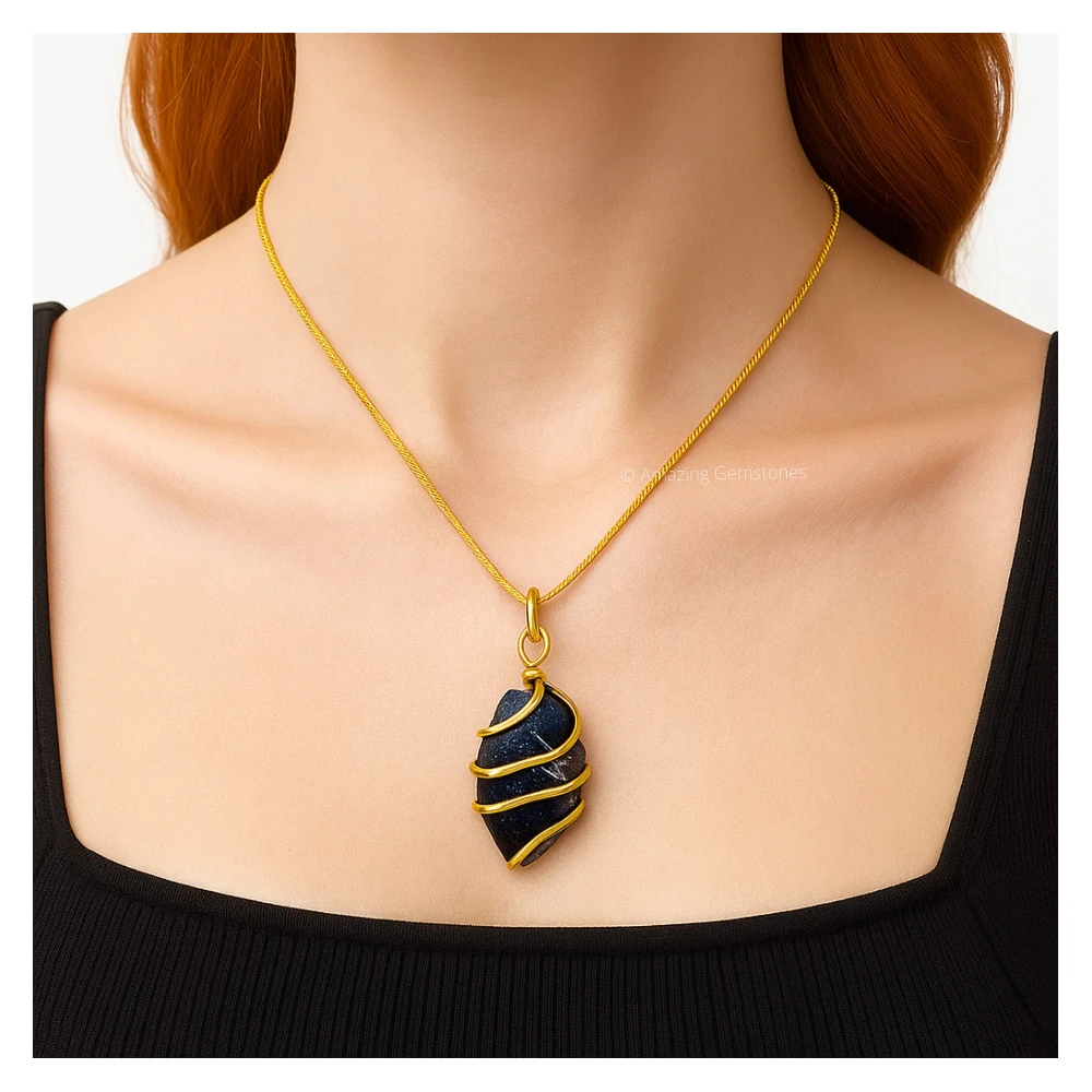 Blue Goldstone Necklace - Raw Crystal (Gold)