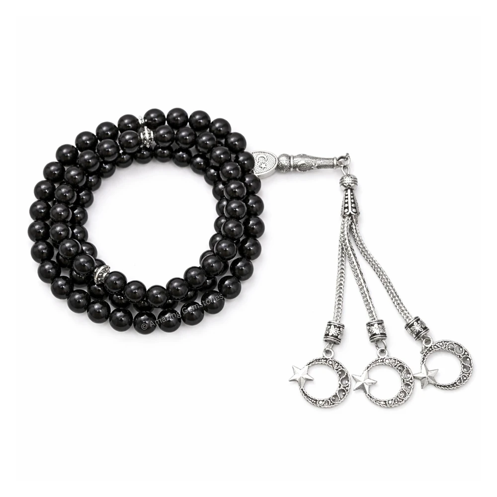 Black Tourmaline Crystal Tasbeeh Sibha Prayer Beads (Silver)