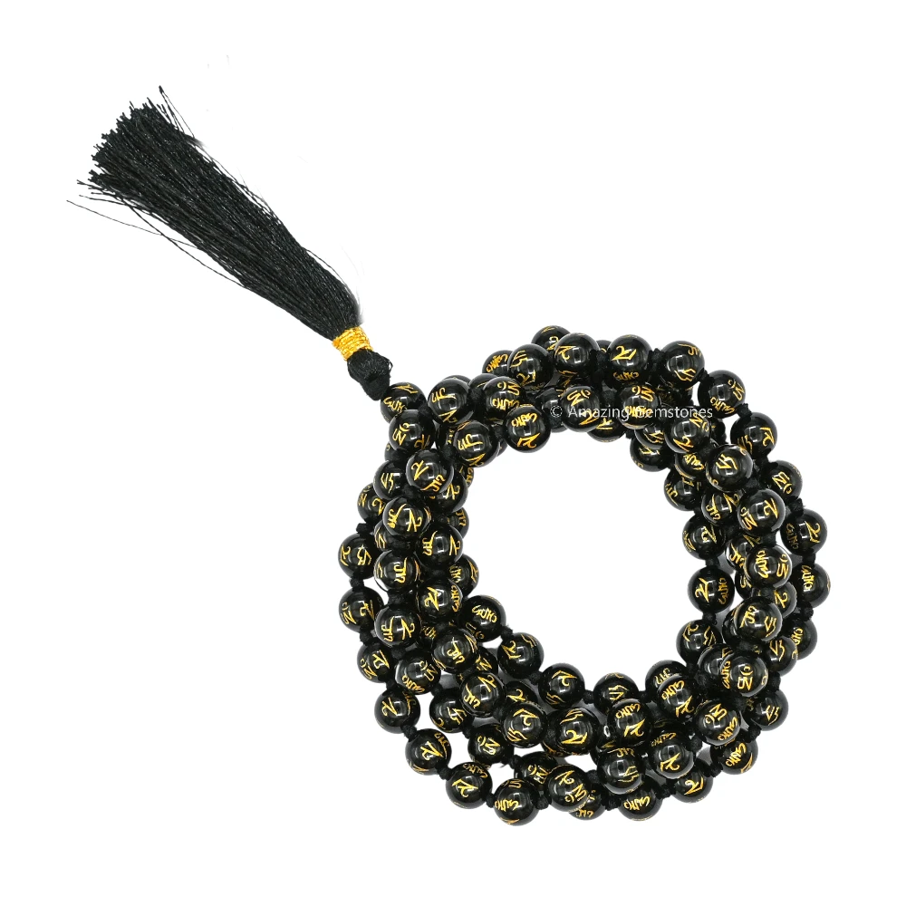 Black Agate Mala (Om Mani Padme Hum) (Hand Knotted)