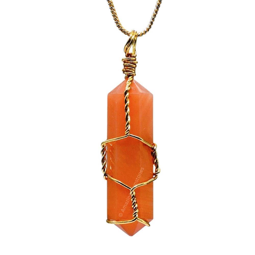 Carnelian Necklace - Wire Wrapped Double Point (Gold)