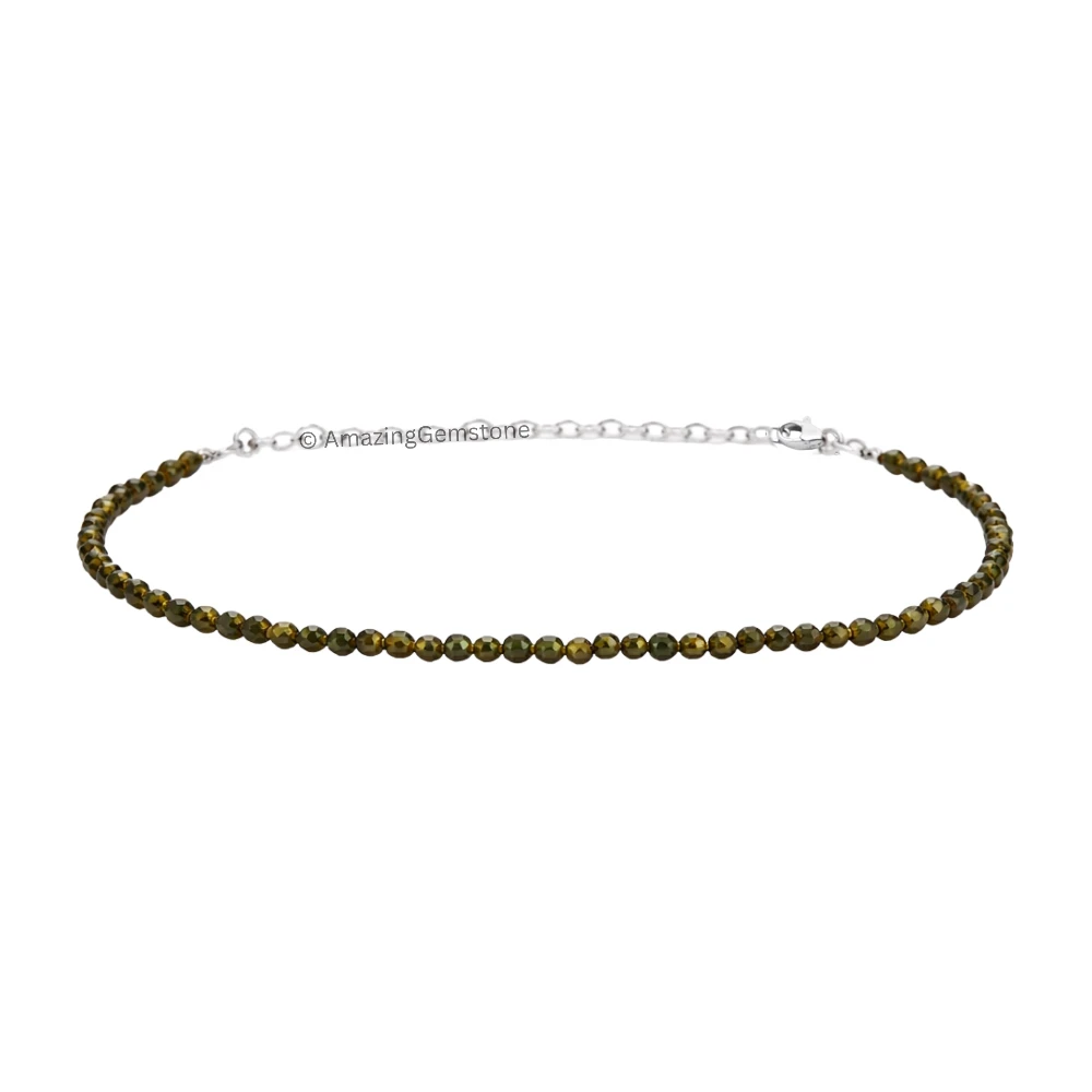 Green Cats Eye Crystal Bracelet - 2mm Faceted Bead (Silver)