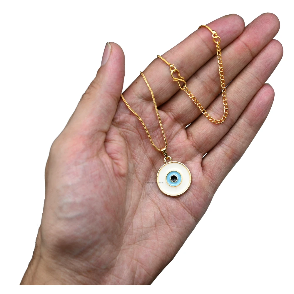 White Evil Eye Pendant - Round (Gold)