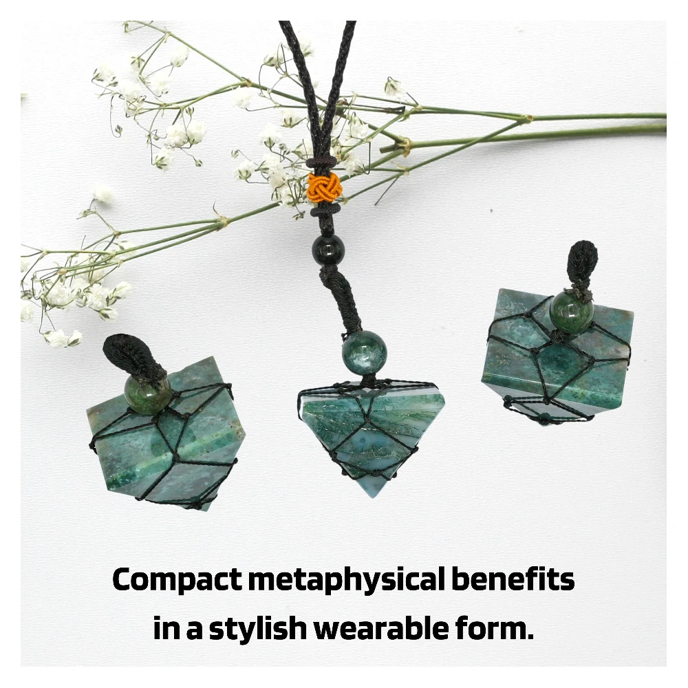 Moss Agate Pyramid Pendant Necklace (Macrame)