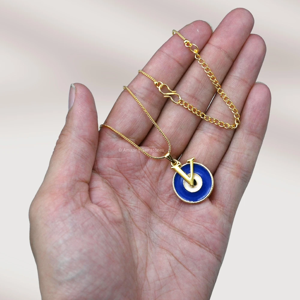 Evil Eye Pendant Necklace with V Initial