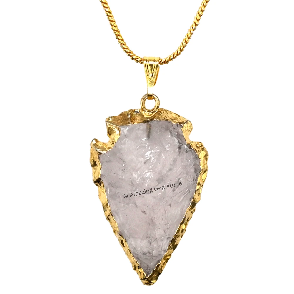 Rose Quartz Arrowhead Pendant - Gold Plated