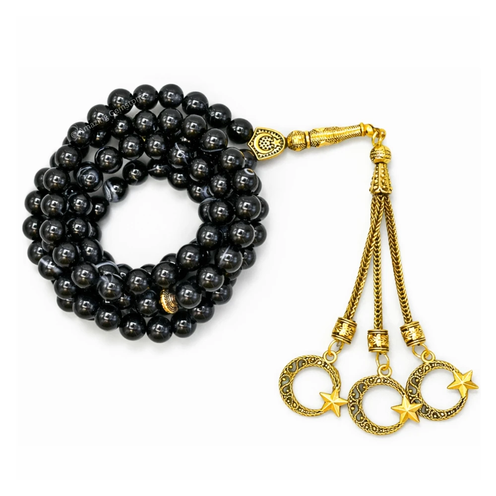 Black Banded Agate Crystal Tasbeeh Sibha Prayer Beads (Gold)
