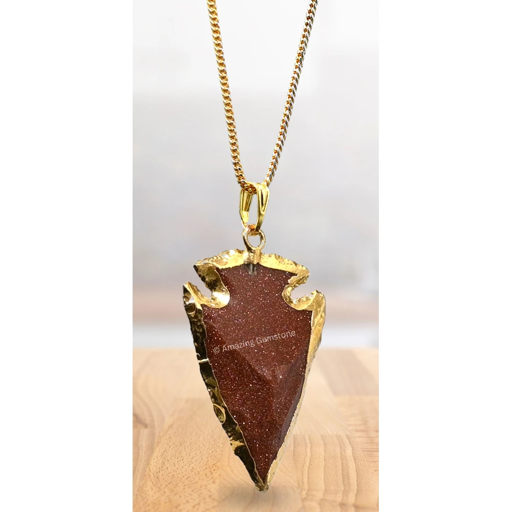Red Goldstone Arrowhead Pendant - Gold Plated