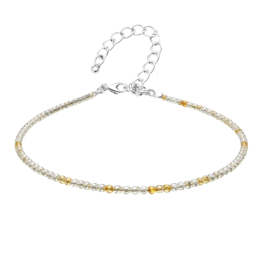 Golden Rutilated Quartz Crystal Anklet - 2mm Faceted Bead (Silver)