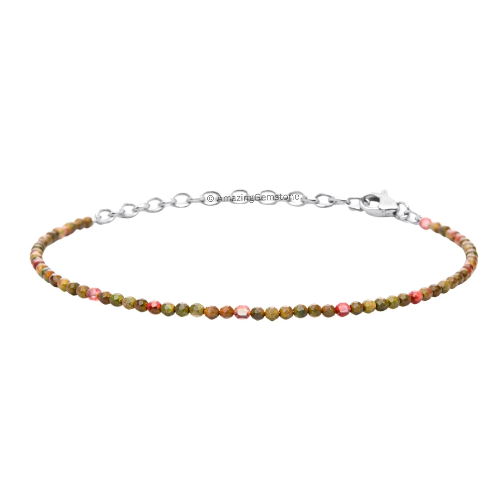 Unakite Crystal Bracelet - 2mm Faceted Bead (Silver)