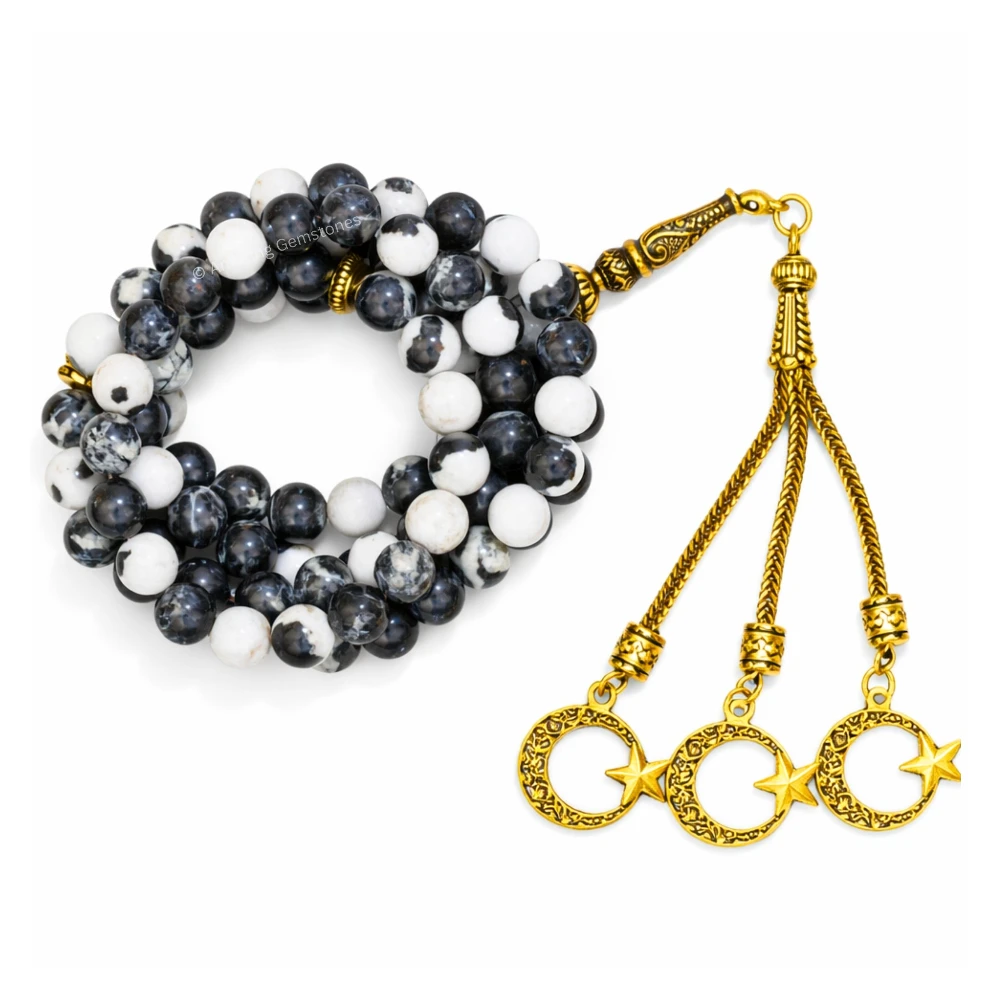 Black and White Jasper Crystal Tasbeeh Sibha Prayer Beads (Gold)