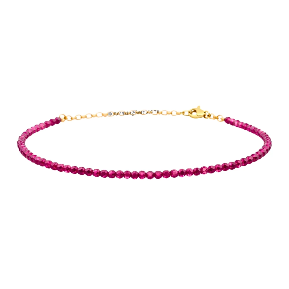 Pink Garnet Crystal Bracelet - 2mm Faceted Bead (Gold)