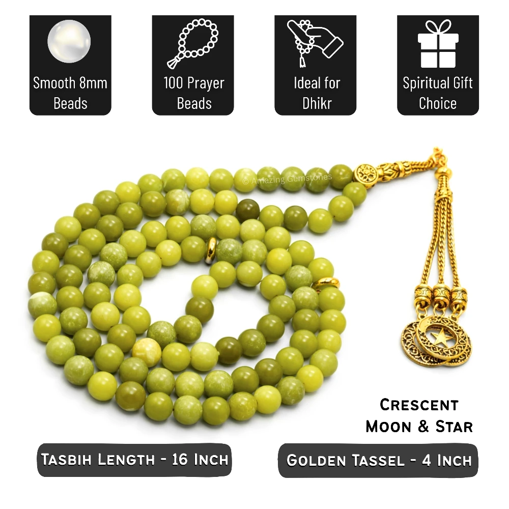 Green Jade Crystal Tasbeeh Sibha Prayer Beads (Gold)