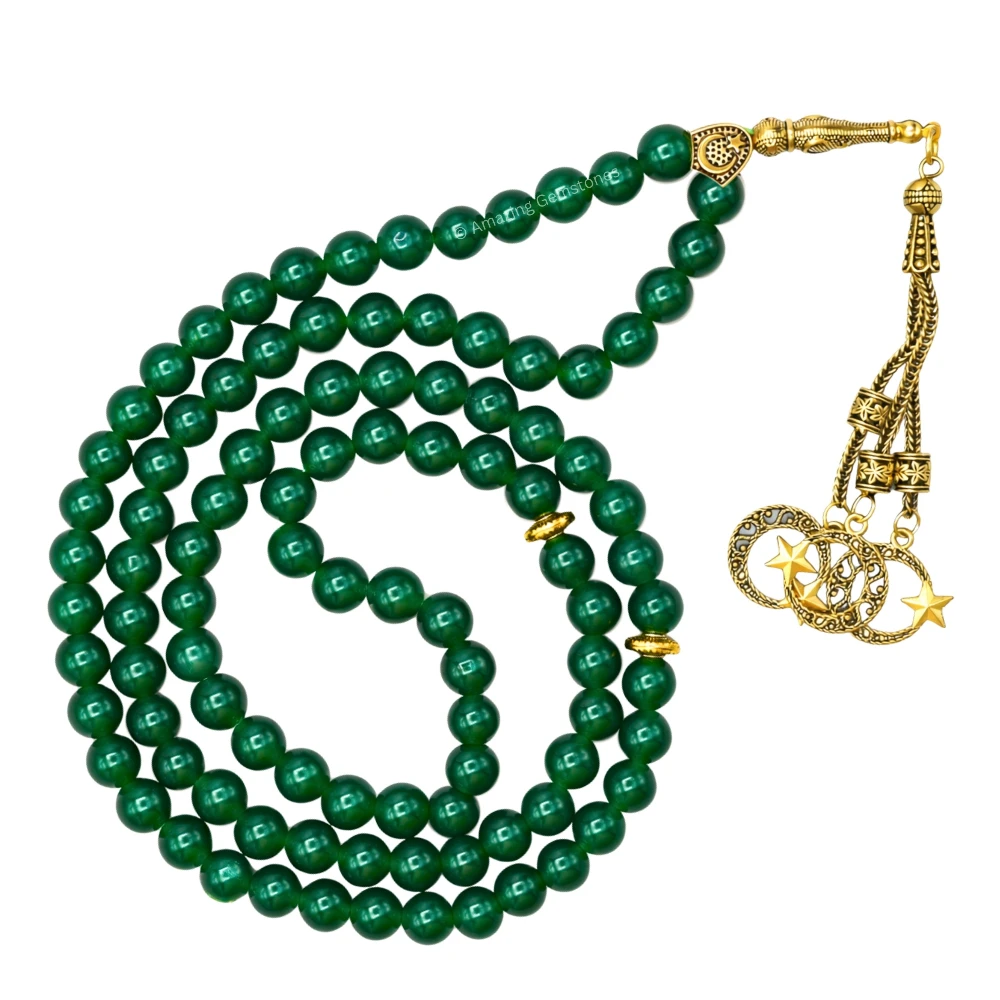 Green Jade (Dye) Crystal Tasbeeh Sibha Prayer Beads (Gold)