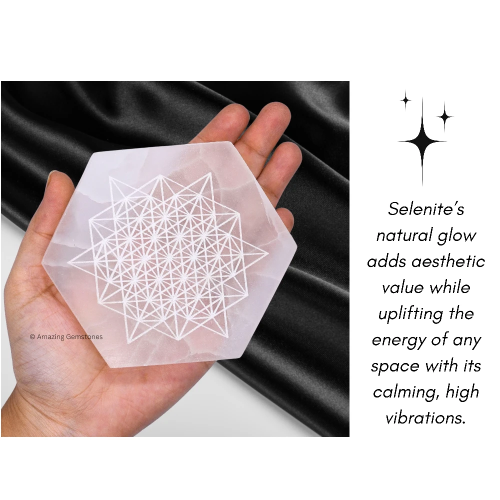 Selenite Charging Plate - Hexagon Star Flower of Life (4 Inch)