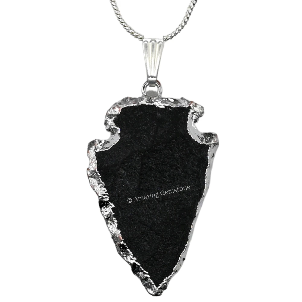 Black Agate Arrowhead Pendant - Silver Plated