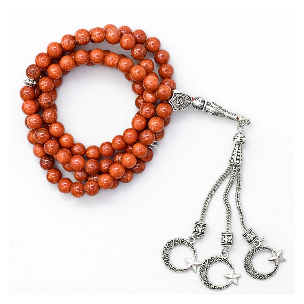 Red Goldstone Crystal Tasbeeh Sibha Prayer Beads (Silver)