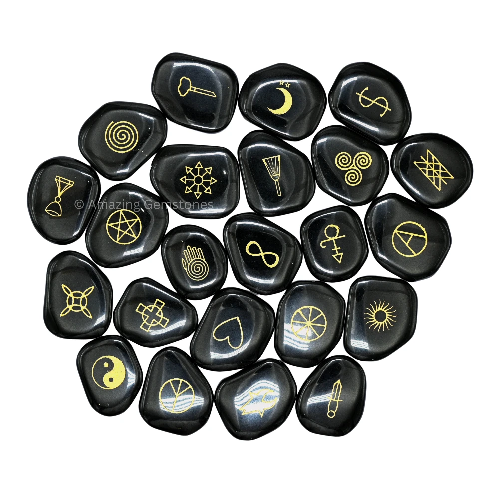 Black Agate Wiccan Engraved Stones (Set of 23)