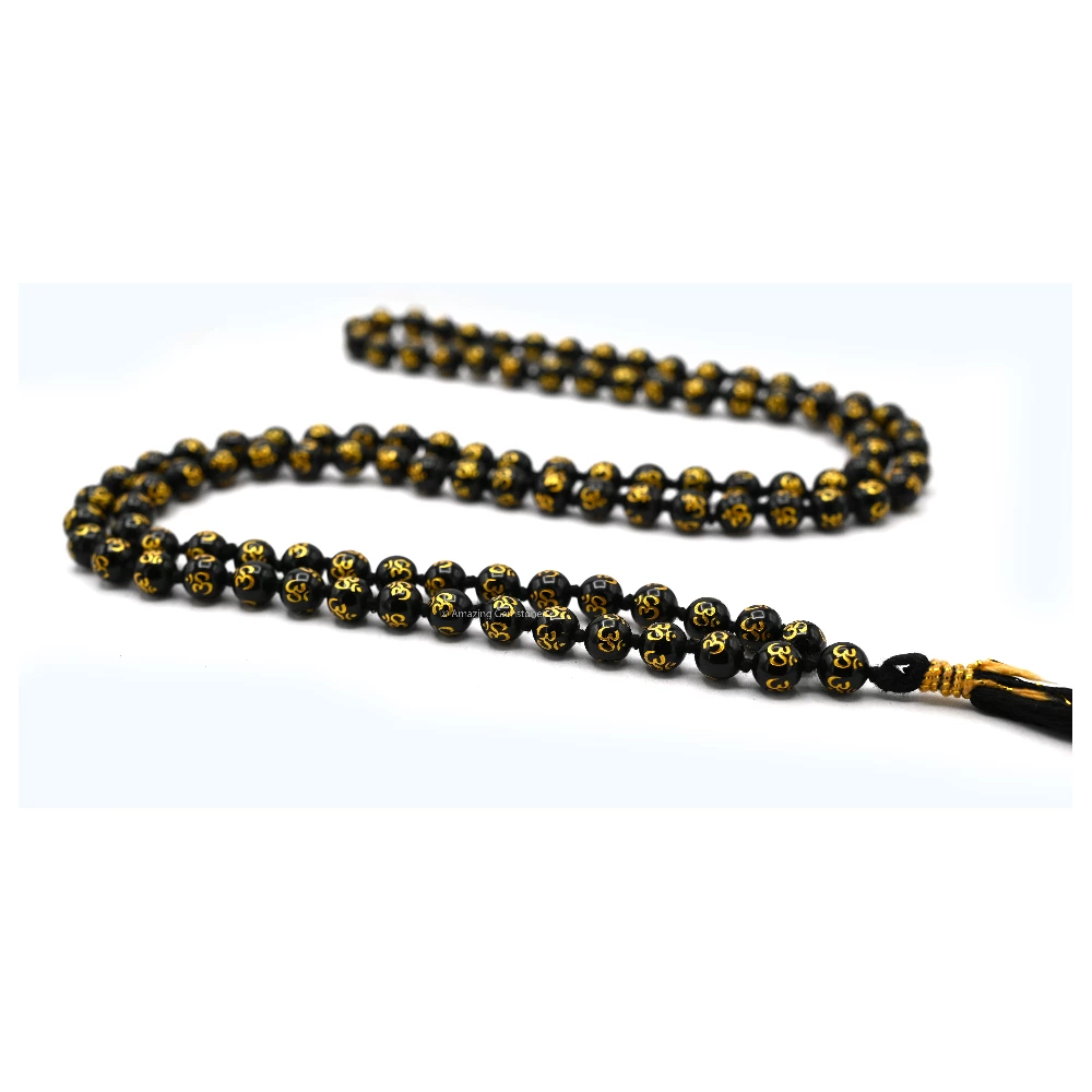 Black Agate Mala (Om) (Hand Knotted)