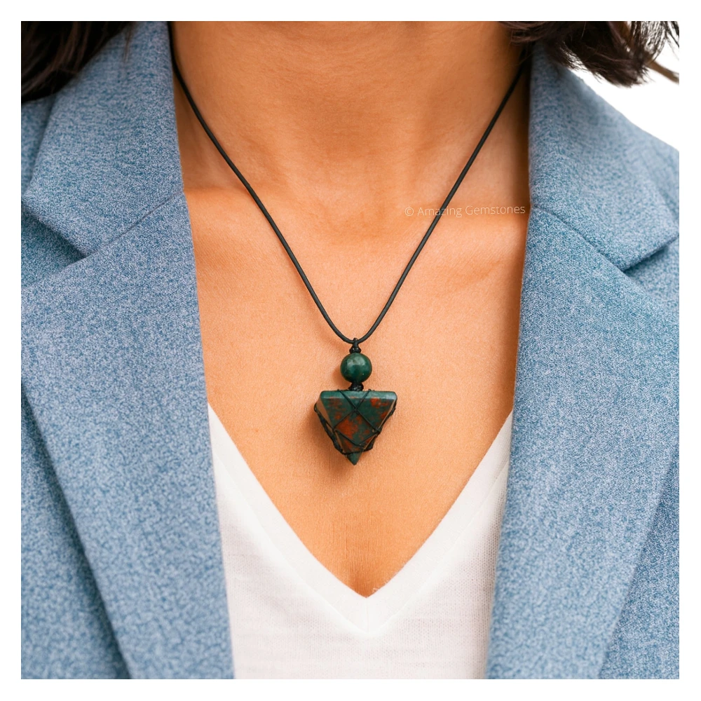 Bloodstone Pyramid Pendant Necklace (Macrame)